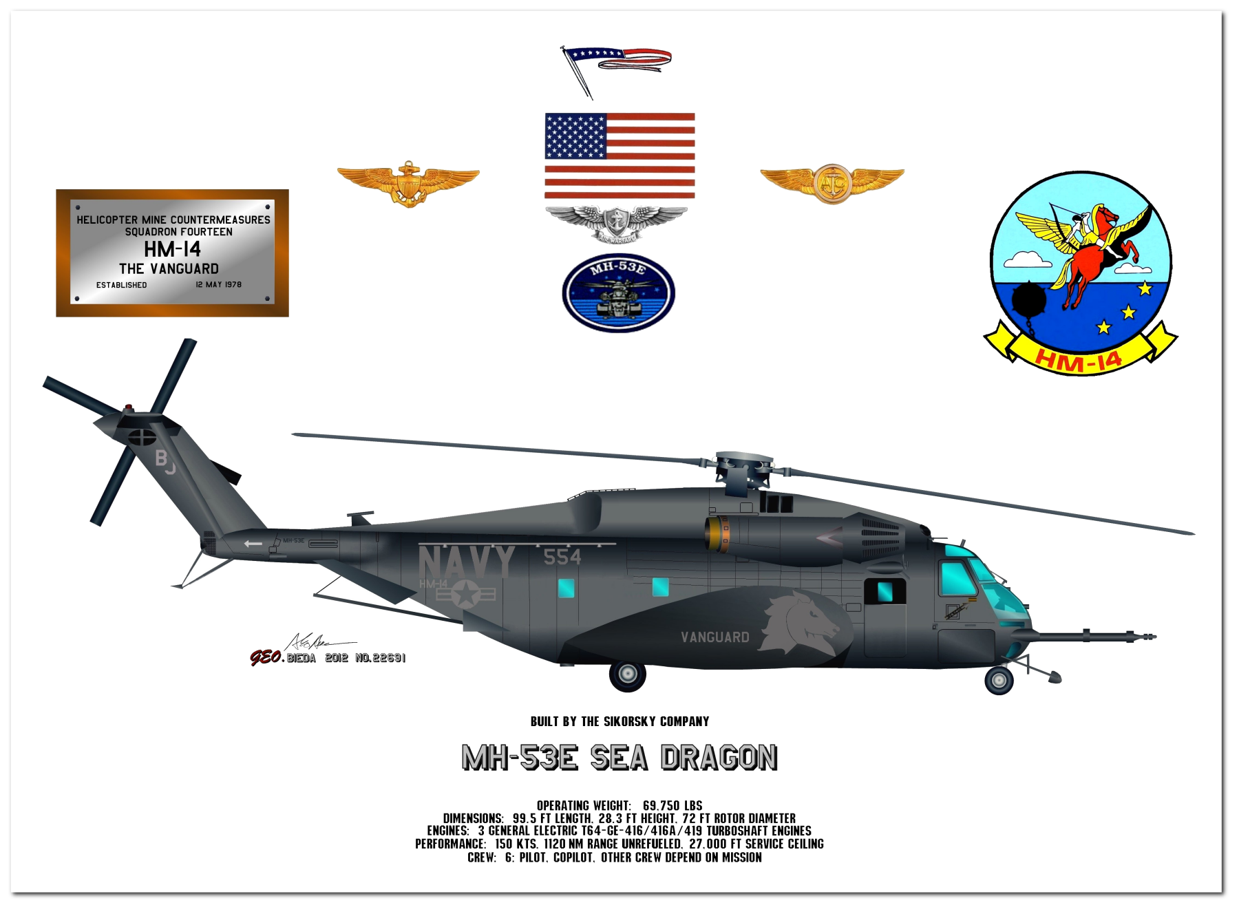 MH 53E Sea Stallion Helicopter Profile Drawings by George Bieda